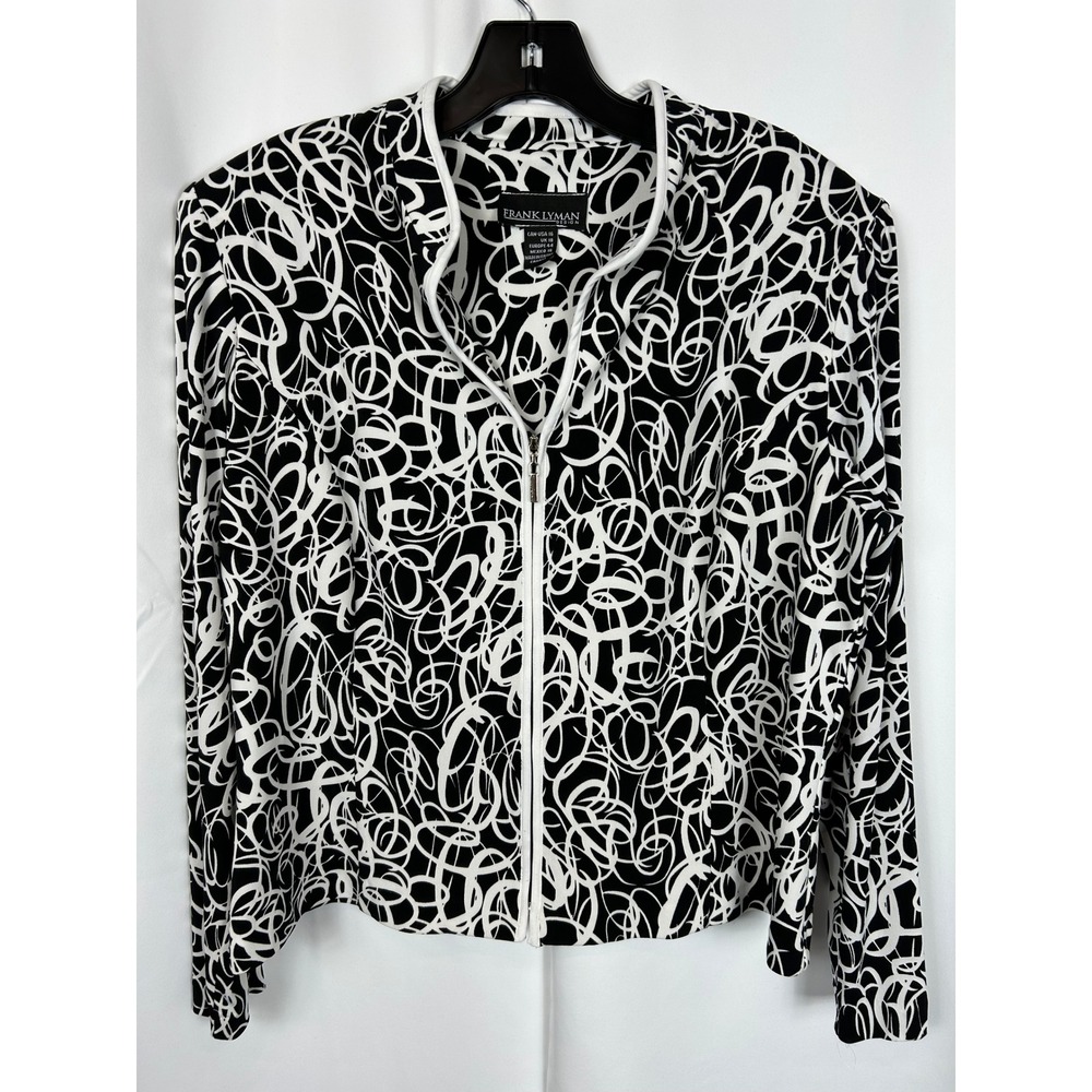 Frank Lyman Black White Avant Garde Swirl Zip Front Jacket Shoulder Pads 16‎